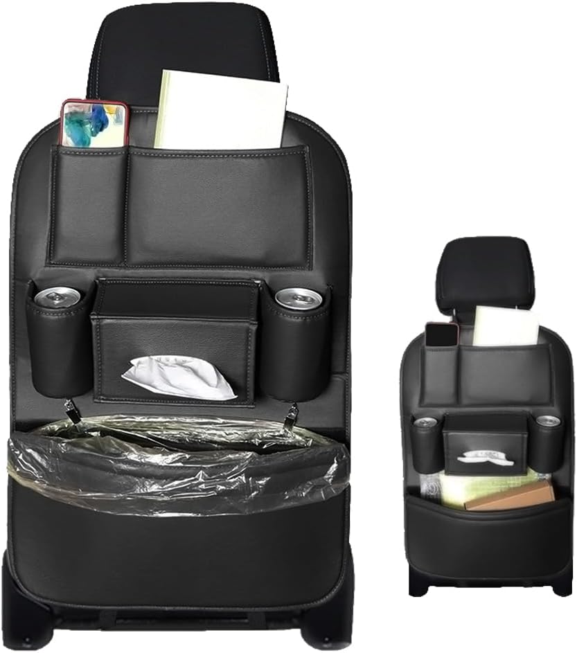 1PCS Car Backseat Organizer Seat Back Protectors Kick Mats, PU Leather Car Storage Organizer Hanging Bag with Car Tissue Holder Kids Toys Storage Car Accessories (Black)