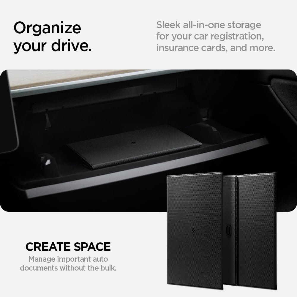 Spigen Hyper-Slim Car Registration and Insurance Card Holder for All Cars | ID License Car Essential Documents Holder [Tesla Model Y Juniper L (2026) & 3/Y/S/X/Cybertruck] - Black