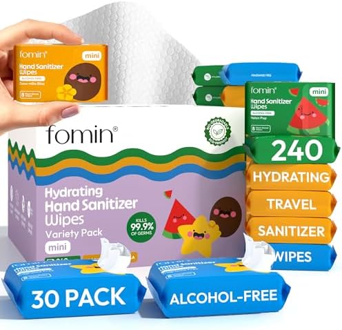Fomin Mini Hand Sanitizer Wipes 30 Pack (8 Count) - Variety Pack Mini Wet Wipe - pH Balanced, Biodegradable On The Go Hand Sanitizing Wipes - Hypoallergenic, Plant-Based Travel Wipe
