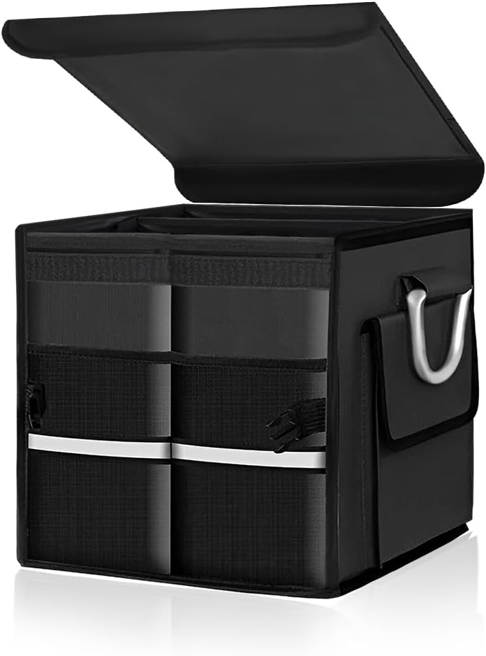 Trunk Organizer with Lid, 28L Collapsible Cargo Organizer with Aluminum Handles & Reflective Strip, Multi-Purpose Waterproof Oxford Storage Box for Cars Trucks SUVs Minivans (Gray)