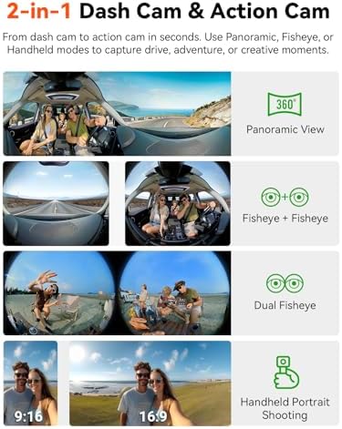 [ Bundle-2 Items: Vantrue E360 ACE & Hardwire Kit ] All Channel Dash Cam, Fisheye Front + Fisheye Inside + Rear Dashcam with Selfie Stick Tripod, Dual STARVIS 2, Dual IR Night Vision, Support 1TB