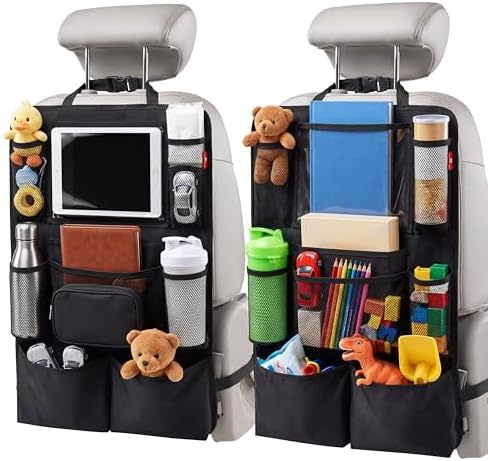 Backseat Car Organizer, backseat car organizer with 9 Pockets & Tablet Holder, Kick Mats for Car Seat Storage and Organization, 2 Pack, Black—Perfect for Travel.