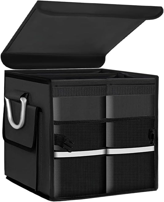 Trunk Organizer with Lid, 28L Collapsible 2-Compartment Car Storage Box with Reinforced Handles, Multipurpose Waterproof Oxford Storage Organizer for SUVs Sedans Trucks (Black)