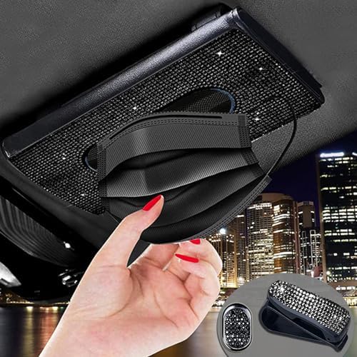Unifizz Car Tissue Holder Sparkling Bling Car Visor Tissue Holder Mask Holder Tissue Box PU Leather Crystals Tissue Case Car Backseat Tissue Dispenser Bling Car Accessories for Women (Black)