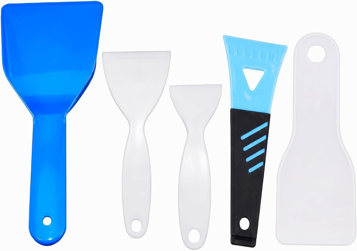 5 Pack Plastic Ice Scraper Combo Set, 3 Sizes Car Windshield Snow Remover + 1 Blue Large Ice Shovel + 1 Small White Freezer Defrost Shovel for Auto, Fridge & Household Cleaning