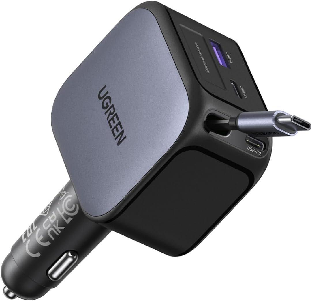 UGREEN 145W 4-Port Retractable Car Charger with 60W Retractable Cable