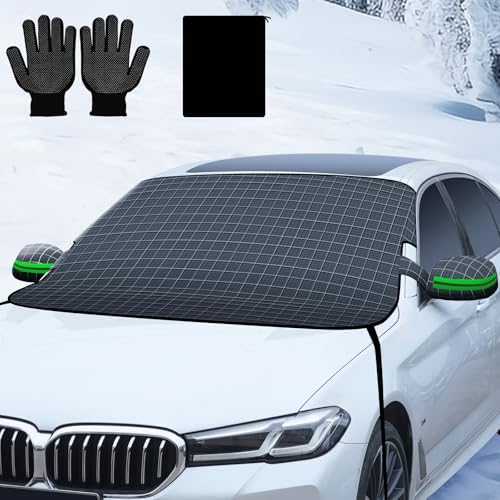 Windshield Snow Cover for Car, Waterproof Ice Shield with Elastic Straps, All Weather Frost Guard Fits Sedan SUV, Blocks Snow Rain Debris Leaves and Offers Sunshade Protection for Summer UV Heat