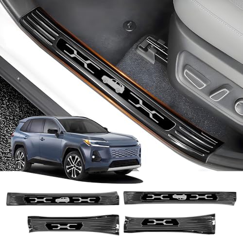 Door Sill Protector Trim for 2026 Toyota RAV4 Accessories Front and Rear Doors Car Pedal Kick Protection Stainless Steel Material，Black Brushed Finish Style Kit 4 PCS Interior Decor Accessory