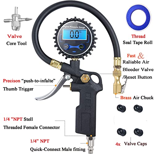 PINKJOY Digital Tire Pressure Gauge with Inflator, 250 PSI Air Chuck and Compressor Accessories Heavy Duty with Quick Connect Coupler, 0.1 Display Resolution for Car, SUV, Truck, Motorcycle, RV