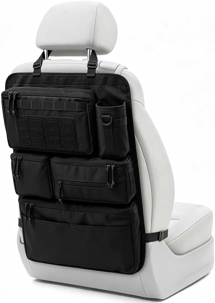 Heavy Duty Tactical Car Seat Back Organizer, Seat Back Protector with Multi Storage Pockets, All-in-One Behind Seat Storage Bag for Car, Organize Tools, Camping Gear, Travel Essentials (Black)