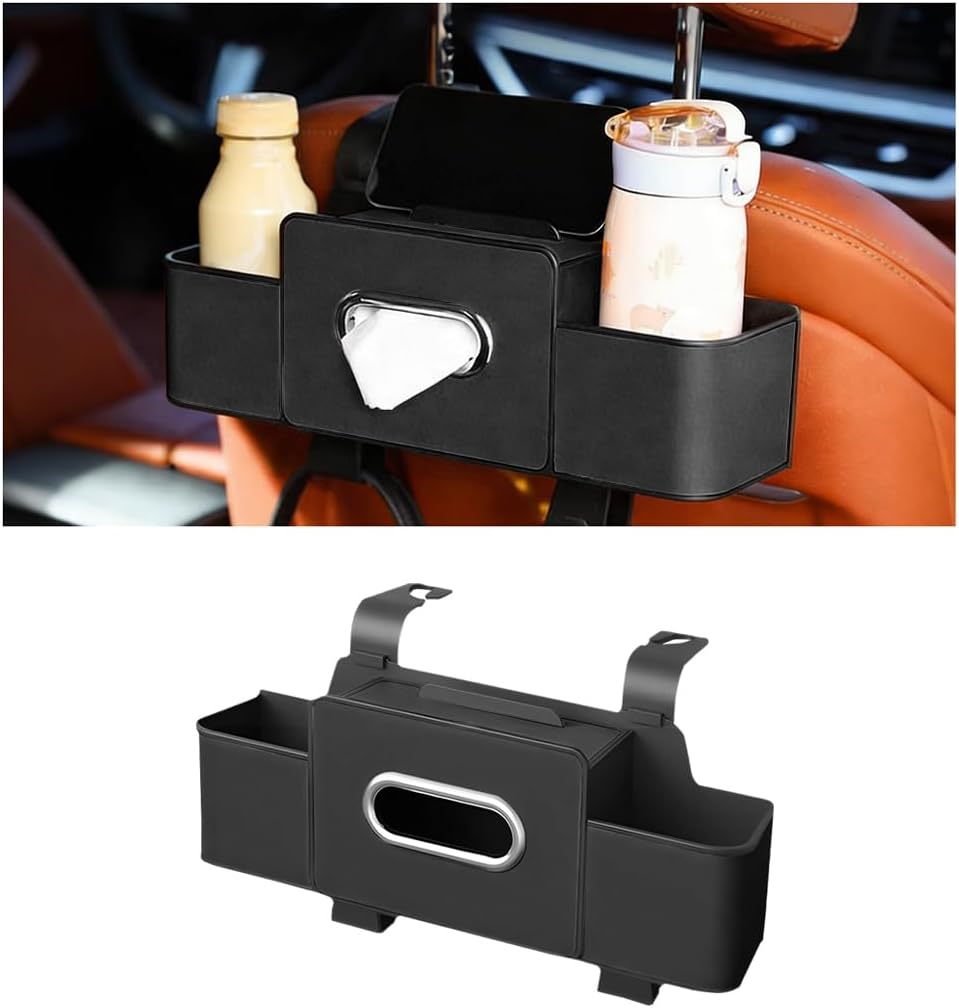 Car Headrest Backseat Organizer, 4 in 1 Multifunctional Vehicle Back Seat Storage Box with Drink Cup Holder Tissue Box, Automotive Interior Headrest Organizer Box, Universal Fit (Black)