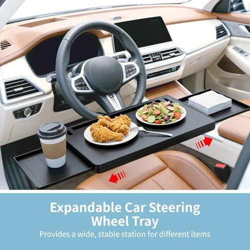 Adjustable Car Steering Wheel Tray, Expandable Car Desk with Rotatable Clip for Laptop & Food, Multipurpose Portable Table for Eating, Working, Gaming