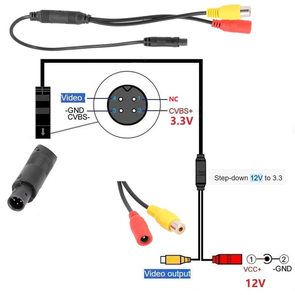 YuYue Electronic 4-Pin Male Backup Reverse Camera Car Universal to CVBS RCA Female Connector Signal Power Adapter Wire Harness Audio Cables