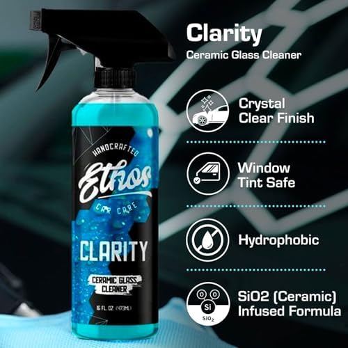 Ethos Clarity V2 – Ceramic Glass Cleaner &amp; Windshield Water Repellent | Streak-Free Auto Glass Cleaner for Car Windows, Mirrors &amp; Tinted Glass | Hydrophobic Protection