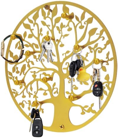 Round Decorative Home Key Holder Wall Mount, Metal Tree Car Key Rack for Wall Organizer for Keys, Wallets, Hats, Used for Decor for House Entryway, Kitchen, Garage, Office (12" Gold)