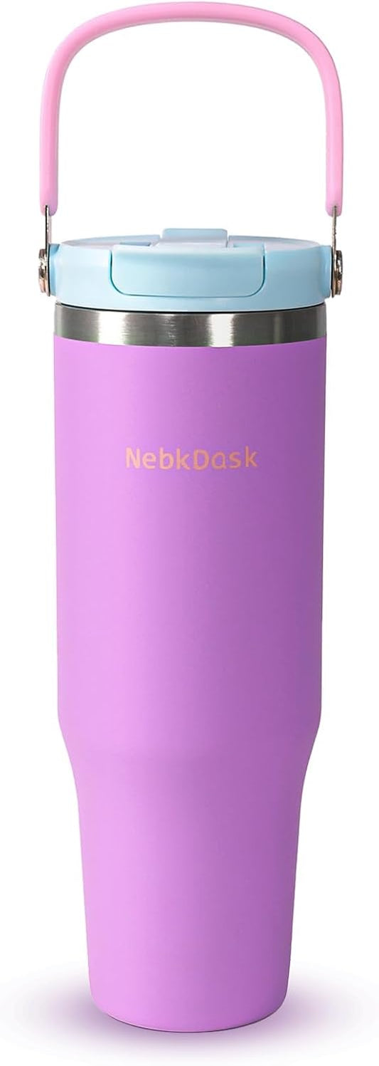 40 oz Insulated Stainless Steel Bottle with 2-in-1 Straw and Spout Lid, Water Bottle with Carry Handle Keep Cold 24H, Leak-Proof, Fits in Car Cup Holder, Travel, and School（Purple）