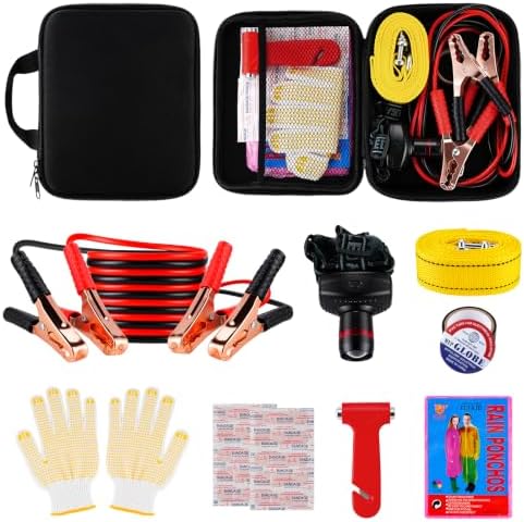 Amiss Car Emergency Roadside Kit, Safely Kit with Jumper Cables and Tow Straps, Headlamp, Safety Hammer, Work Gloves, Bandages, PVC Tape, Gifts for New Drivers, Car Accessories for Roadside Emergency