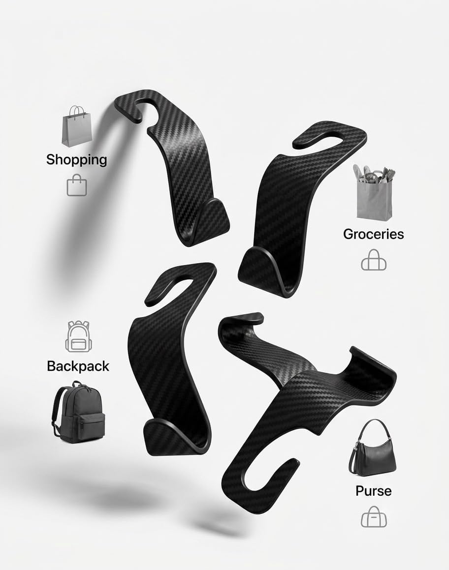 Carbon Fiber Car Seat Headrest Hooks, 4 Pack Car Back Seat Organizer Hooks for Handbags, Purses, Groceries, Coats and Accessories, Universal Vehicle Storage Hanger Hooks for Cars, SUVs and Trucks