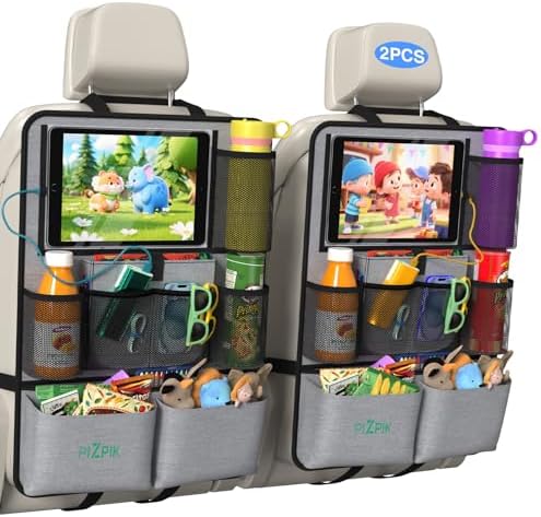 Plzpik Car Backseat Organizer with Tablet Holder,11 Storage Pockets with Foldable Food Tray, Protector Kick Mats for Kids, Travel Accessories Organizer (Gray, 2-Pack)