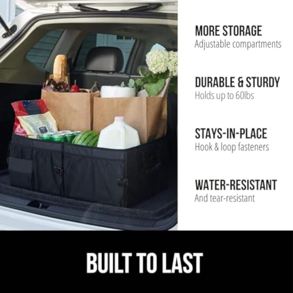 Heavy-Duty Car Trunk Organizer with Built-In Insulated Cooler – Large Collapsible SUV Cargo Storage Bin, Rigid Plastic Walls (Won't Sag), Non-Slip Straps, Black
