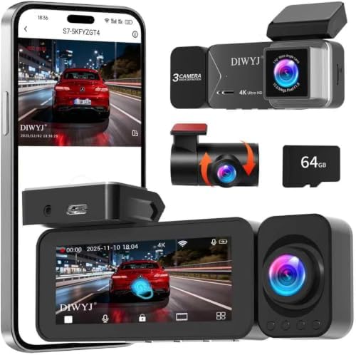 Dash Cam Front and Rear, 3-Channel，4K+2.5K+1080P with 170° Fisheye Lens, Full HD Dash Camera for Cars, 5GHz WiFi, IR Night Vision, WDR, 64GB Card Included