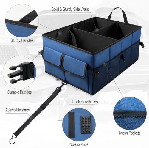 UYYE Auto Collapsible Trunk Organizer, 3 Large Compartments and 6 Pockets Durable for Cargo Storage, Easy to Storage Tools With Adjustable Securing Straps and Non-Slip Bottom for Car (Dark Blue)