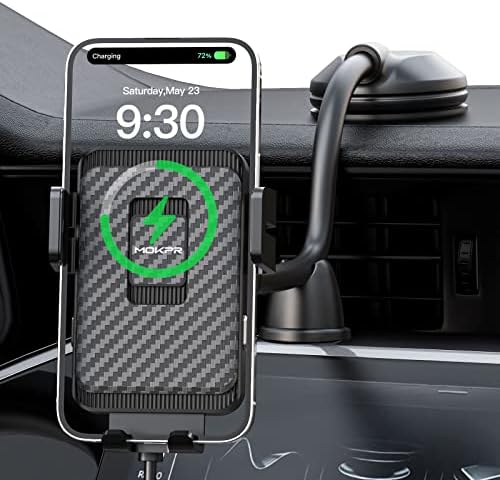 Wireless Car Charger, MOKPR 15W Fast Charging Car Mount Auto-Clamping Car Charger, Dashboard Windshield Phone Holder Compatible with iPhone 16 15/14/13/13 Pro/12 Pro12/11/X, Samsung S23/S22/S10/S9/S8