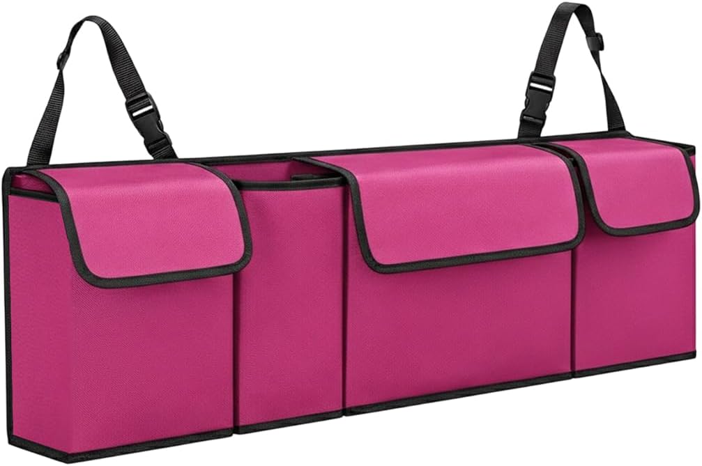 Car Trunk Organizer, Multi Compartment Foldable Sturdy Vehicle Backseat Hanging Storage Organization with Lid, Automotive Interior Storage Bag, Universal for SUV RV Truck (Purple)