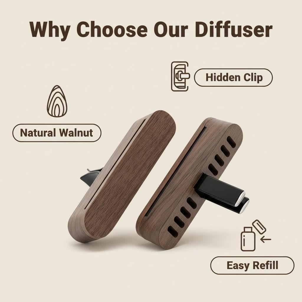 2 PCS Car Essential Oil Diffuser Vent Clip, Wooden Aromatherapy Diffuser with 10 Unscented Refill Fiber Sticks, Reusable Custom Scent Car Air Freshener, Premium Car Interior Accessories