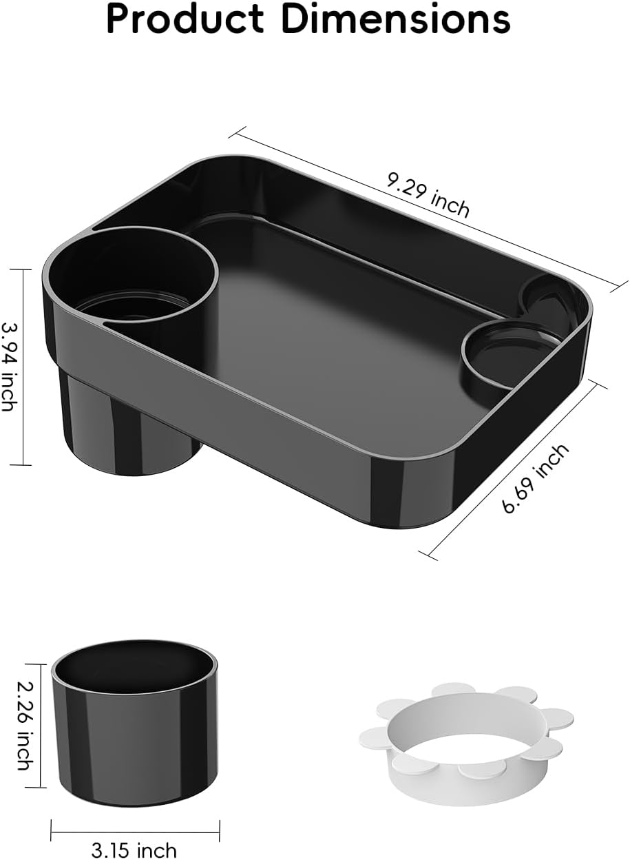 Toddler Car Seat Snack Tray - 3 Inch Cup Holder with Dip Well Fits Most Sippy Cups & Straw Bottles, Mess-Free Square Kids Travel Tray Road Trip Essentials, Black