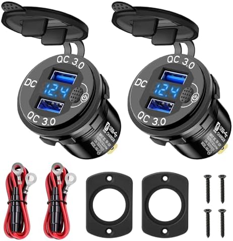 Linkstyle 2PCS 12V USB Outlet, Dual 18W QC3.0 USB A Ports Car Charger Socket with Botton Switch & Blue LED Voltmeter for 12V/24V RV Boat Truck