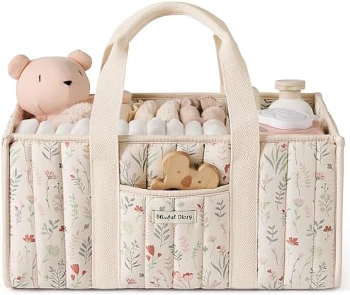 Blissful Diary Floral Diaper Caddy Organizer, Stylish Nursery Storage Basket, Gift for Baby Shower, Newborn Essentials, Floral Beige
