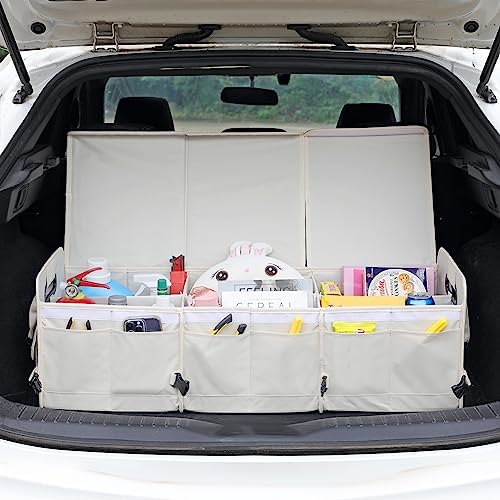 AOKJOY Car Trunk Organizer with Lid Storage Collapsible Multi Compartment Adjustable Straps for SUV, Truck, Sedan(Beige) XL