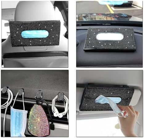 Unifizz Car Tissue Holder Sparkling Bling Car Visor Tissue Holder Mask Holder Tissue Box PU Leather Crystals Tissue Case Car Backseat Tissue Dispenser Bling Car Accessories for Women (Black)
