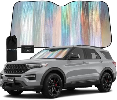 Autoamerics Holographic Car Windshield Sun Shade – Reflective Accordion Sunshade Blocks UV Rays & Heat – Front Windshield Cover for Cool Interior – Large 28 x 58 in – Universal Fit