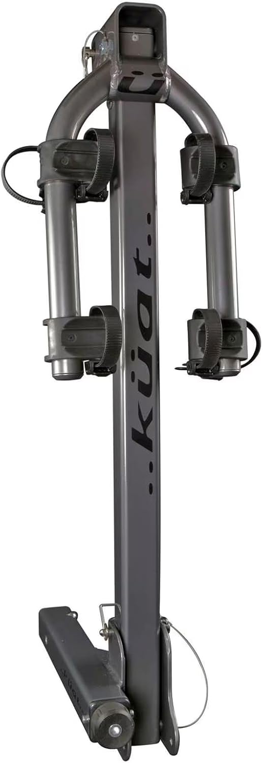 KUAT Beta Hitch-Mounted Bike Rack | Hanging-Style Durable Lightweight Aluminum Powder Coated Folding Tilting-Down Gray Bicycle Car Truck Transportation Hauling Rack | 2 Bike Capacity