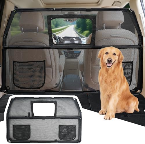 52" Dog Car Barrier for SUV, Wide Escape-Proof & Chew-Proof Dog Car Divider with Removable Visual Window & 2 Storage Pockets, Pet Net Gate for Behind Front Seats, Fits Sedans Cars Trucks