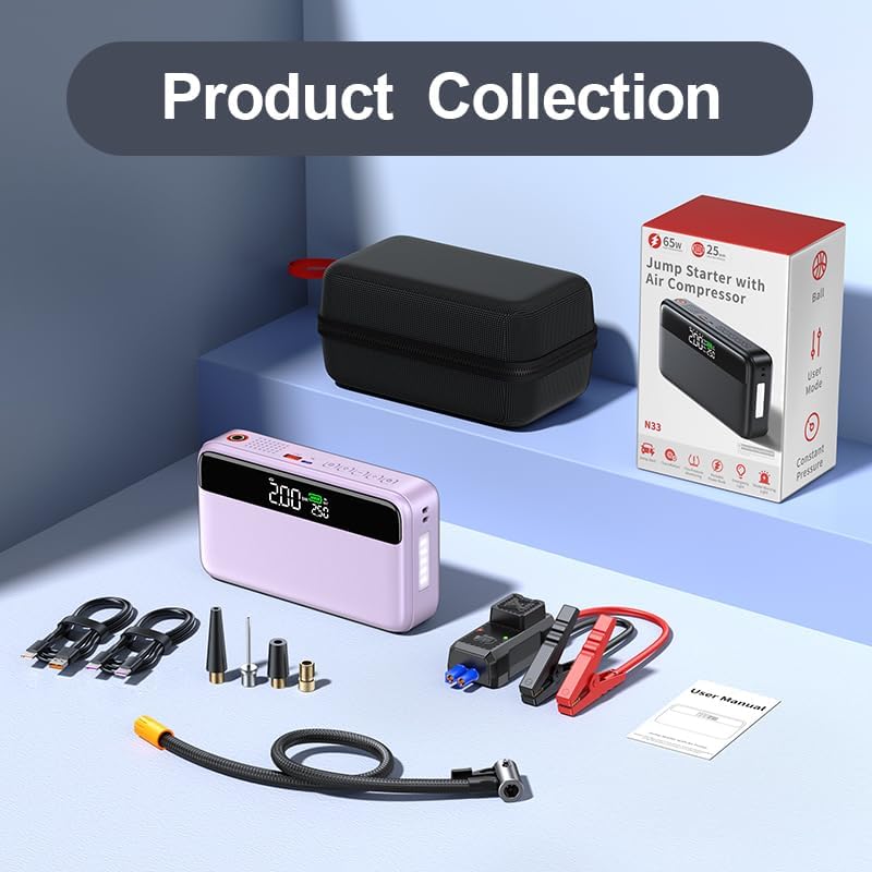 PD 65W Portable Car Jump Starter with Air Compressor,3000A Portable Jump Starter Pack with 150PSI Tire Inflator,(Up to 8L Gas/6.5L Diesel Engine),Fast Charging Power Bank (Pink)