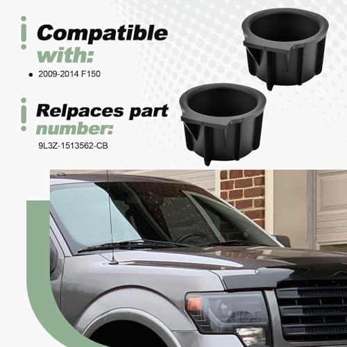 2 PCS Front Console Cup Holder with Flow Through Console Inserts Replacement Black TPE Compatible with 2009-2014 F150 Repalce 9L3Z-1513562-CB