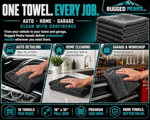 Rugged Peaks Co. 18-Pack Microfiber Towels for Cars – 300 GSM All Purpose Car Detailing Cleaning Cloths for Auto, Garage & Home, Dual Pile, 16x16 in (Gray)