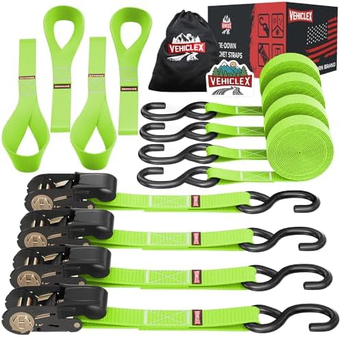 Ratchet Tie Down Straps (1,800 lbs Break Strength) - Vehiclex 15 Ft Versatile Straps for Powersports, Garage, and Outdoor Use - Soft Loops, Deep S-Hooks & Comfort Grip Handle (4 Pack, Green)