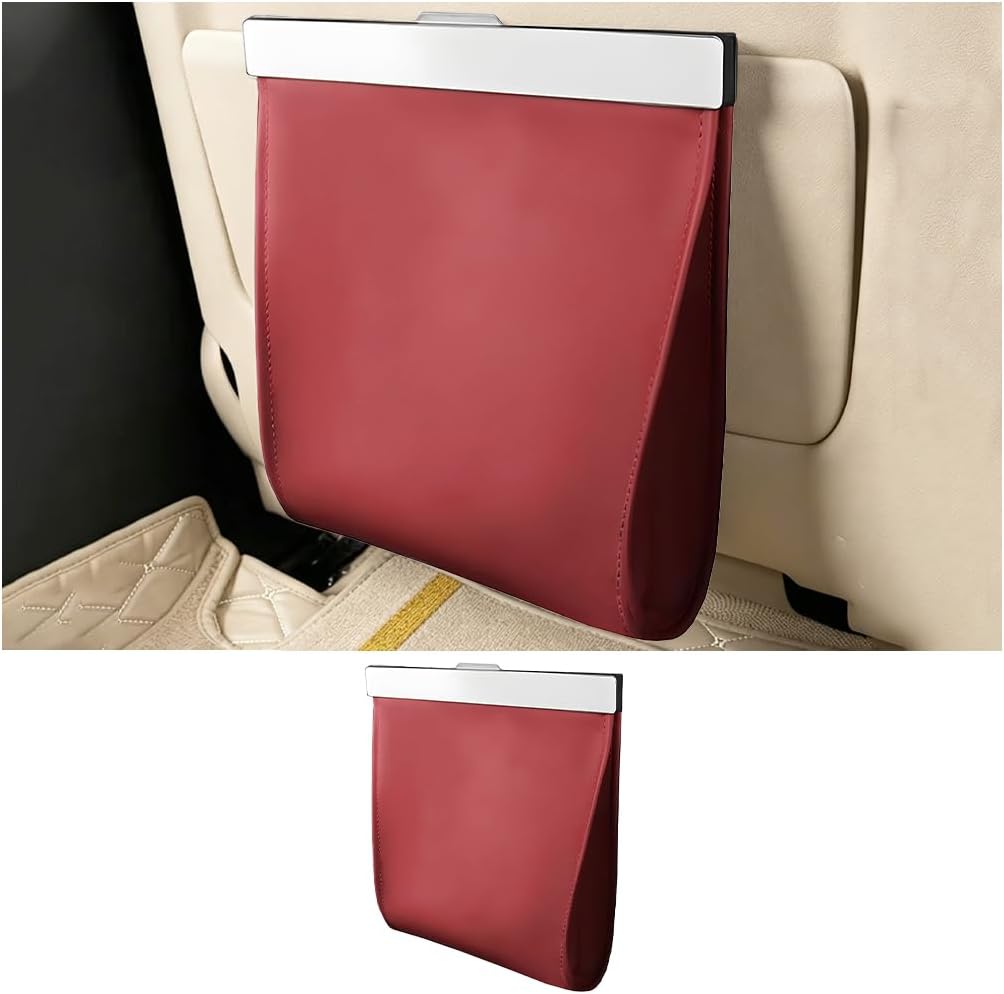 Leather Car Trash Can, Magnetic Closure Leak Proof Waterproof Vehicle Hanging Trash Bin, Automotive Garbage Storage Organizers, Universal for SUV Automobile Truck (Red)