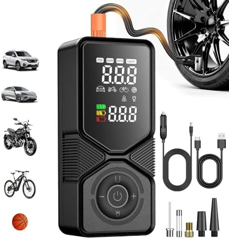 Tire Inflator Portable Air Compressor - 150PSI Cordless Air Pump for Car Tires with Digital Pressure Gauge, Auto Shut Off & LED Emergency Light, 12V DC Power for Car, Bikes, Motorcycles, Balls