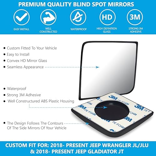 Convex Stick On Custom Fitted Blind Spot Mirrors Compatible With 2018-2026 Jeep Wrangler JL/JLU & 2018-2026 Jeep Gladiator JT- Engineered to Provide A Wider View