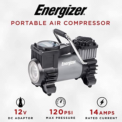 Energizer Air Compressor Portable Tire Inflator, 12V DC Air Pump for Car Tires with Digital Tire Pressure Gauge, 120 Max PSI, Preset Pressure Feature, LED, Digital Display - Includes Storage Bag