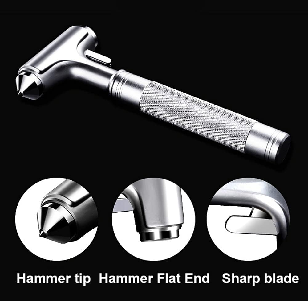 Metal Safety Hammer with Window Breaker and Seatbelt Cutter, Automotive Safety Hammer, Aluminum Alloy Life Saving Emergency Escape Tool for Car, Silver