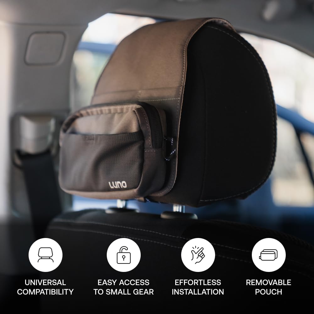 Luno Universal Headrest Organizer – Car Headrest Storage for Car with 5 Pockets, Removable MOLLE Pouch & Customizable Storage | Fits All Vehicles for Camping, Overlanding & Everyday Gear Access