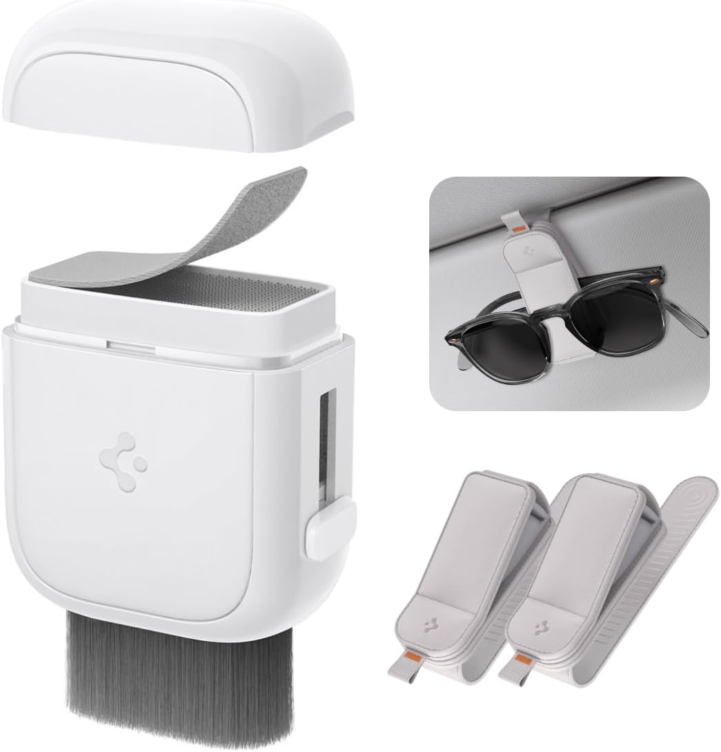 Spigen EZ Slide & Brush Screen Cleaner for Car (White) with 2 Pack Magnetic Vegan Leather Sunglass Holder for Car Sun Visor (Gray)