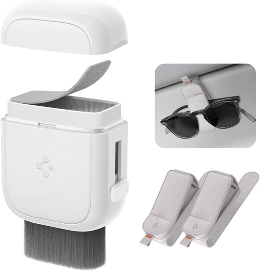 Spigen EZ Slide & Brush Screen Cleaner for Car (White) with 2 Pack Magnetic Vegan Leather Sunglass Holder for Car Sun Visor (Gray)