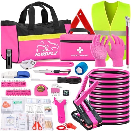 Car Roadside Safety Kit - 129pcs Pink Winter Emergency Road Side Assistance Kits Auto Essential Kit for Men, Women, Teen